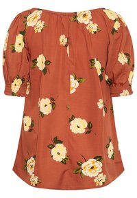 Brązowa kwiecista bluzka z bufkami, ozdobiona żółtymi różami i zielonymi liśćmi na miękkim materiale, z marszczonym wykończeniem przy mankietach rękawów.
