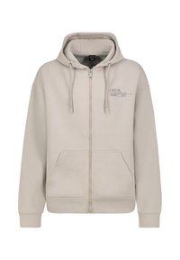 Light beige zip-up hoodie made of soft fabric. Features a drawstring hood, front pockets, and printed graphics on the left chest.