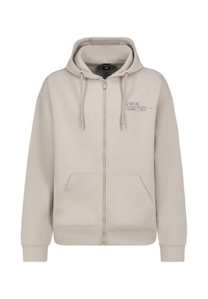 Hellbeiger Kapuzenpullover zum Reißverschluss aus weichem Stoff. Verfügt über eine Kapuze mit Kordelzug, Vordertaschen und gedruckte Grafiken auf der linken Brust.
