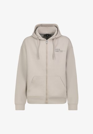 Lichtbeige hoodie met ritssluiting gemaakt van zacht katoen. Voorzien van een capuchon met trekkoord, voorzakken en bedrukte afbeeldingen op de linkerborst.