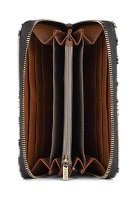 Portafoglio zip-around nero e marrone con molteplici scomparti e una tasca centrale con zip per monete, aperto per mostrare l'organizzazione interna.