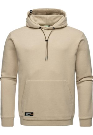 Beige Hoodie aus weichem Stoff, mit einer Kordelzugkapuze, Kängurutasche, gerippten Bündchen und einem kleinen Markenlabel am Saum.