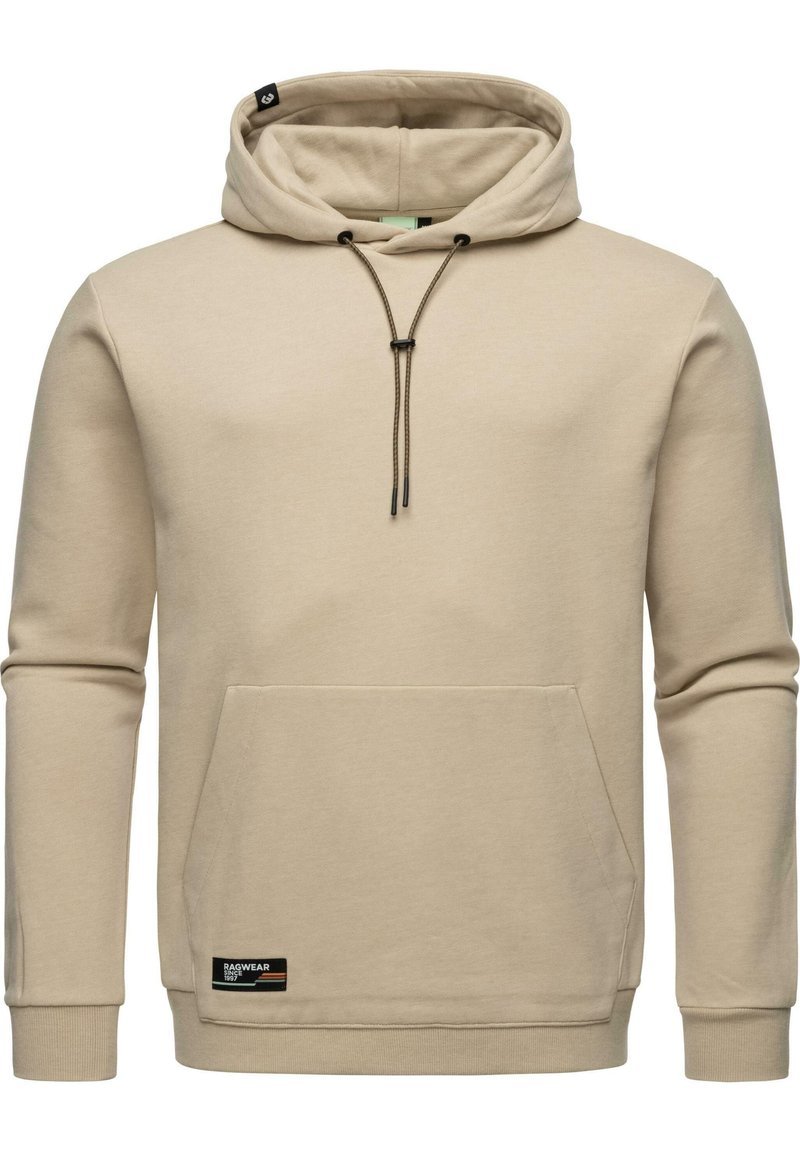 Beige hoodie gemaakt van zachte stof, met een trekkoordcapuchon, kangoeroezak, geribbelde manchetten en een klein merklabel aan de onderkant.