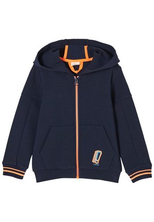 Marineblauer Hoodie mit Reißverschluss aus weichem Material. Besitzt eine orangefarbene Innenkapuze, einen orangen Reißverschluss, zwei Fronttaschen und ein Akzentdetail an einer Tasche.