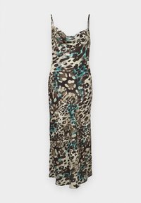 Cowl-neck maxi dress in lightweight fabric featuring a brown, beige, and teal animal print pattern. Thin straps and a smooth finish.