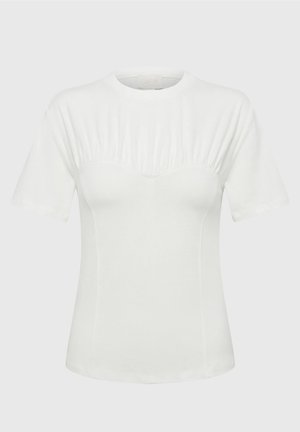 Witte katoenen t-shirt met korte mouwen, met een gathered ontwerp op het lijfje en een ronde halslijn. Gladde textuur, aangesloten vorm.