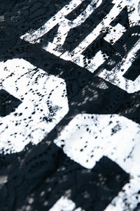Tessuto in pizzo nero con una stampa grafica bianca audace. La texture è intricata, con motivi floreali e a puntini intrecciati.