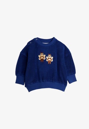 Sweatshirt in pile blu con due personaggi orso ricamati con ali sul davanti. Polsini e orlo a costine, oltre a dettagli con bottoni a pressione sulla spalla.