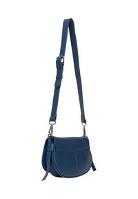 Blaue Leder-Schultertasche mit geschwungener Form, verstellbarem Tragegurt und silbernen Hardware-Akzenten. Verfügt über eine glatte Textur und Nahtdetails.