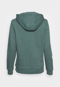 Felpa verde con cappuccio vista da dietro, con maniche lunghe e polsini e orlo a costine, esposta su uno sfondo bianco.