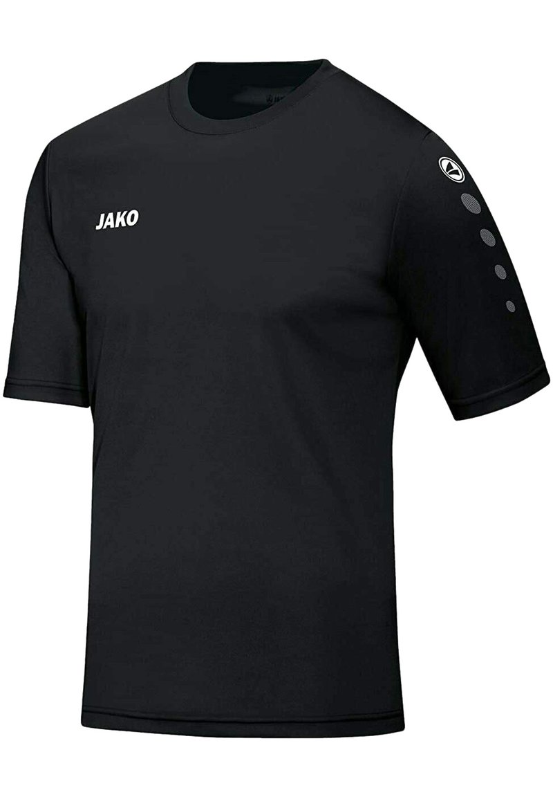 Black short-sleeve T-shirt made of smooth fabric. Features white "JAKO" branding on the front and three dot accents on the left sleeve.