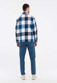Camicia di flanella a quadri blu e bianca con maniche lunghe, abbinata a jeans in denim blu. Il tessuto ha una consistenza morbida, cuciture visibili e tasche.