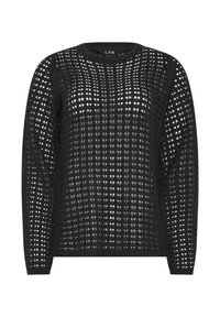 Maglione nero lavorato a maglia con un motivo di tessitura aperta e ampia, scollatura rotonda e maniche lunghe. Presenta polsini e orlo a coste.