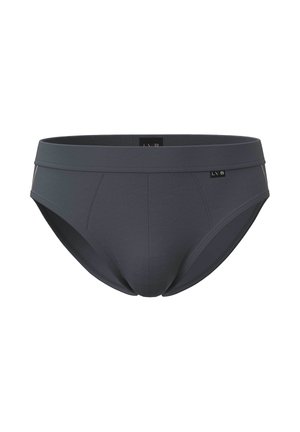 Mutande da uomo color grigio scuro con una fascia elastica a vita bassa e una piccola etichetta con logo nero sul lato destro anteriore.