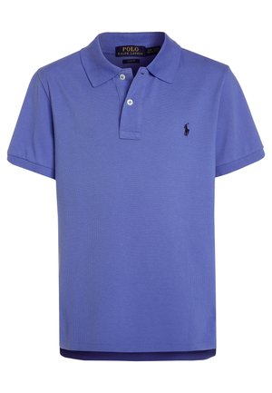 Fioletowa koszulka polo z teksturowanej bawełny, z klasycznym kołnierzykiem, zapięciem na trzy guziki i małym haftowanym logo na piersi.