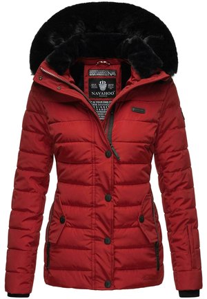 Red puffer jacket with a black faux fur hood. Features a zippered front, button closure, and side pockets with a quilted texture.