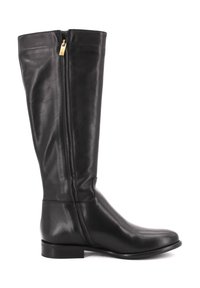 Stivale nero in pelle fino al ginocchio con cerniera laterale, punta arrotondata, texture liscia e tacco basso e solido. Nessun motivo o accento visibile.