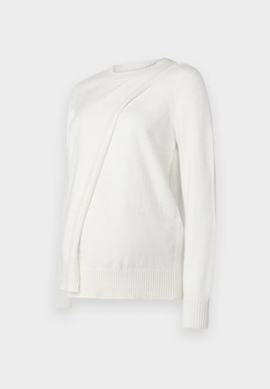 Weißer Pullover mit langen Ärmeln und rundem Halsausschnitt, der an der Vorderseite ein diagonales Faltendesign sowie gerippte Bündchen und Saum aufweist. Aus weichem Material.