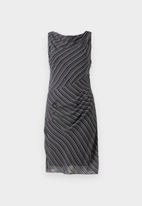 Ujjatlan, térd hosszúságú fekete ruha átlós fehér, kék és szürke csíkokkal, drapált, redőzött dizájnnal.