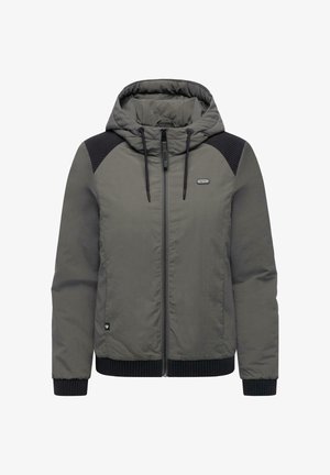 Hooded jacket in muted gray with black accents, featuring a zip front, ribbed cuffs, and textured shoulder panels.