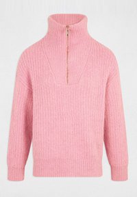 Maglione rosa chiaro realizzato in tessuto a coste, con collo alto dotato di chiusura con zip, maniche lunghe e vestibilità comoda.