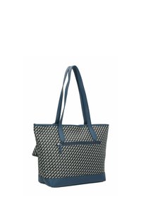 Sac fourre-tout avec un motif tissé en bleu et beige, doté de deux bretelles, d'une poche zippée et d'une base solide.