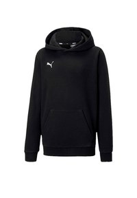 Schwarzer Hoodie aus weichem Material mit einer Kängurutasche, gerippten Bündchen und einem kleinen weißen Puma-Logo auf der Brust.