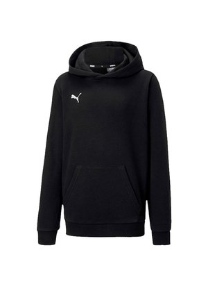 Felpa nera con cappuccio realizzata in tessuto morbido, dotata di tasca a marsupio, polsini a costine e un piccolo logo Puma bianco sul petto.