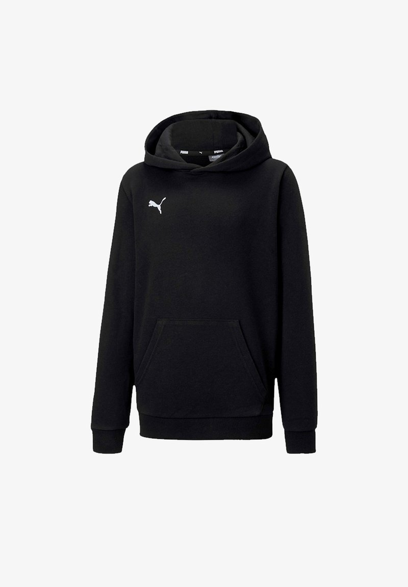Zwarte hoodie van zacht materiaal met een kangoeroezak, ribgebreide boorden en een klein wit Puma-logo op de borst.