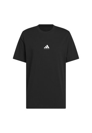 Black cotton t-shirt with short sleeves and a crew neckline. Features a white Adidas logo on the chest. Simple, relaxed fit.