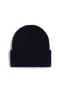 Berretto lavorato a maglia blu navy con texture a coste e risvolto. Design semplice e senza cuciture con una vestibilità comoda per il calore.