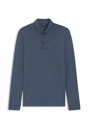 Polo met lange mouwen van donkerblauwe stof, voorzien van een kraag, een knoopsluiting met drie knopen en een subtiele logo-borduursel op de borst.