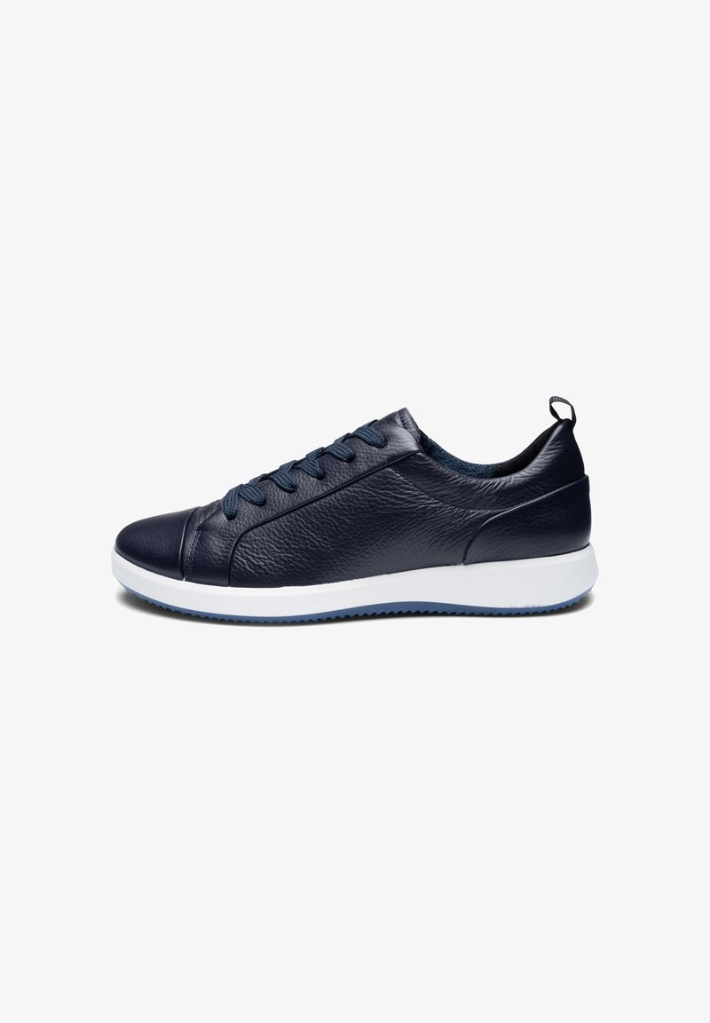 Low-top navy blue leather sneaker with textured surface, lace-up front, white sole, and heel pull tab, shown from the side.