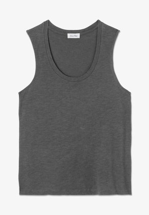 Siv ručni top z okroglo odprtino in širokimi naramnicami. Narejen iz lahkega, mehkega materiala z subtilno teksturo.