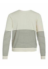 Pull crème à manches longues avec des rayures horizontales noires sur le bas du dos et les manches, avec un col rond.