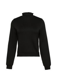 Zwart crop sweatshirt gemaakt van zachte stof, met lange mouwen en een gerimpelde opstaande kraag. Glad textuur met aansluitende manchetten en tailleband.
