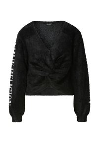 Czarny, puszysty sweter z głębokim dekoltem w serek i skręconym przodem. Długie rękawy mają nadrukowany napis "PUBLIC RELIGION" na jednym boku.