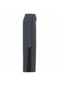 Pantaloni della tuta grigio scuro in tessuto morbido, con cintura regolabile con cordino, dettagli nei pannelli laterali e logo sulla coscia.