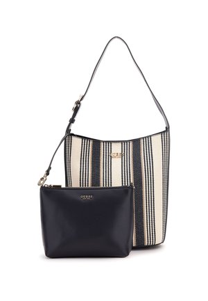 Bolso de lona rayado en crema y negro con un estuche negro desmontable que cuenta con un cierre de cremallera y acentos de logo dorado.