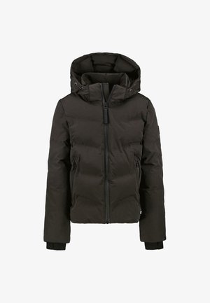 Veste matelassée noire avec capuche, dotée d'une fermeture éclair à l'avant, de deux poches latérales et de poignets côtelés, fabriquée en matériau résistant à l'eau.