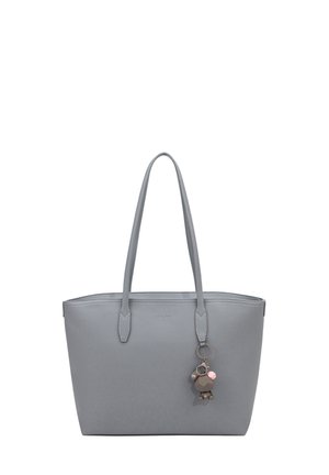 Borsa tote sintetica grigia con due manici lunghi, design strutturato e un charm attaccato con forme geometriche in colori tenui.