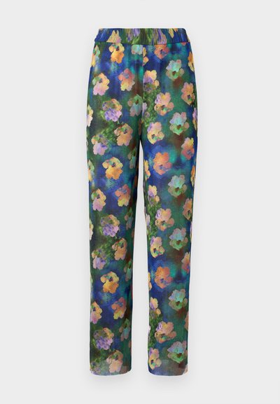 Floral print pants featuring a ribbed texture, elastic waistband, and a green, blue background with colorful flower patterns throughout.