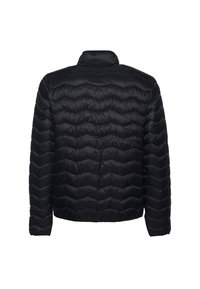 Schwarze Pufferjacke mit steppartiger Textur, hohem Kragen und langen Ärmeln. Das Design weist ein Zickzackmuster auf.