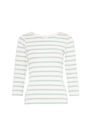 Jasnozielona i biała w paski koszulka z długim rękawem i okrągłym dekoltem, wykonana z miękkiego materiału, charakteryzująca się równymi poziomymi paskami.