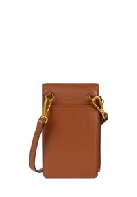 Bruine leren crossbody tas met een rechthoekige vorm, gouden hardware, ritsafsluiting en een verstelbare schouderband voor gemakkelijk dragen.