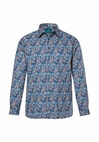 Camicia a maniche lunghe con motivo floreale multicolore, che presenta tonalità di blu, rosso e bianco, con colletto con bottoni e orlo arrotondato.
