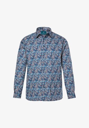 Langärmeliges Hemd mit mehrfarbigem Blumenmuster, das Blau-, Rot- und Weißtöne zeigt, mit einem Knopfkragen und abgerundetem Saum.