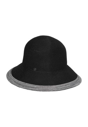 Schwarzer gewebter Fischerhut mit breiter Krempe, die eine graue Kante aufweist, und einem kleinen Metalllogo an der Seite.