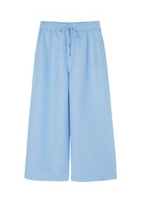 Lichtblauwe, wijde broek met een elastische tailleband en trekkoord; gemaakt van een textuurstof met een subtiel gemêleerd patroon.