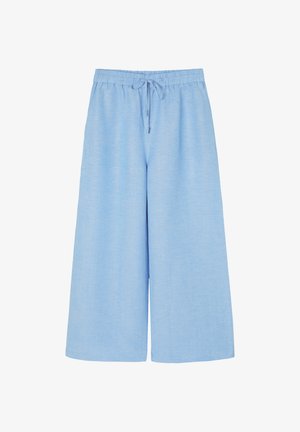 Hellblaue, weit geschnittene Hose mit elastischem Bund und Kordelzug; aus einem strukturierten Stoff mit einem dezenten Melange-Muster gefertigt.